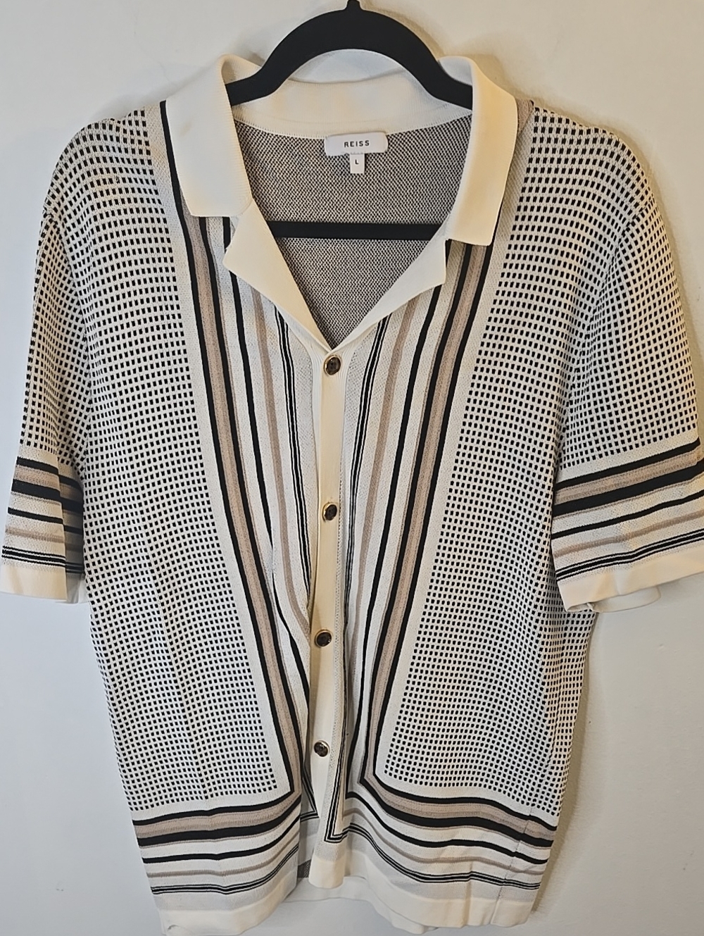 Reiss Mens Cream & Black Short Sleeve Button-Up Top